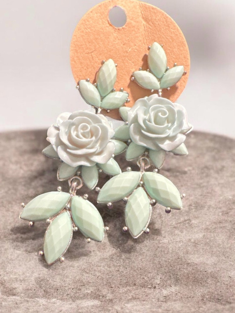 Floral Rose Drop Earrings in Mint Green 
702